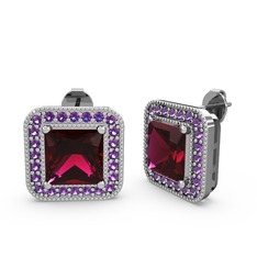 Rodolit garnet ve ametist 14 ayar beyaz altın küpe