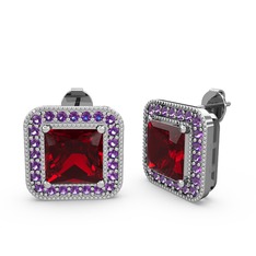 Garnet ve ametist 18 ayar beyaz altın küpe