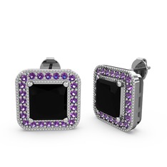 Siyah zirkon ve ametist 14 ayar beyaz altın küpe