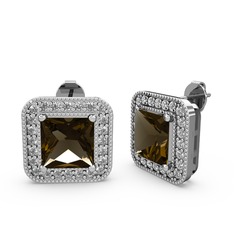 Dumanlı kuvars ve swarovski 8 ayar beyaz altın küpe