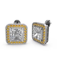 Esinti Kare Küpe - Swarovski ve sitrin 8 ayar beyaz altın küpe #fybnlt