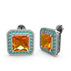 Esinti Kare Küpe - Sitrin ve kök zümrüt 14 ayar beyaz altın küpe #hj1qrc