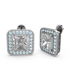 Esinti Kare Küpe - Swarovski ve akuamarin 8 ayar beyaz altın küpe #hmyog1