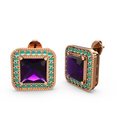 Esinti Kare Küpe - Ametist ve kök zümrüt 8 ayar rose altın küpe #iax1jk
