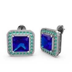 Esinti Kare Küpe - Lab safir ve kök zümrüt 8 ayar beyaz altın küpe #idei8h