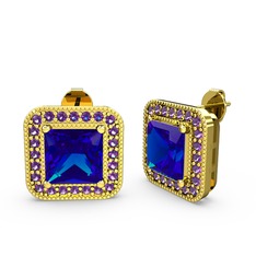 Esinti Kare Küpe - Lab safir ve ametist 14 ayar altın küpe #j0nftn