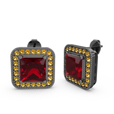 Esinti Kare Küpe - Garnet ve sitrin 925 ayar siyah rodyum kaplama gümüş küpe #j9er8e
