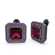 Rodolit garnet ve ametist 925 ayar siyah rodyum kaplama gümüş küpe