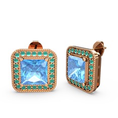 Esinti Kare Küpe - Akuamarin ve kök zümrüt 8 ayar rose altın küpe #jqh2ec