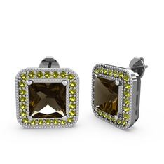 Esinti Kare Küpe - Dumanlı kuvars ve peridot 18 ayar beyaz altın küpe #kefew0