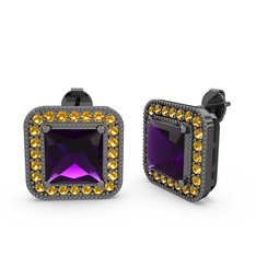 Esinti Kare Küpe - Ametist ve sitrin 925 ayar siyah rodyum kaplama gümüş küpe #kk7hqp