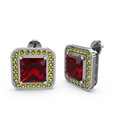 Garnet ve peridot 14 ayar beyaz altın küpe