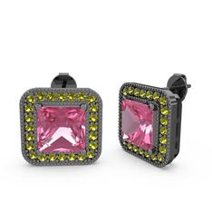 Esinti Kare Küpe - Pembe kuvars ve peridot 925 ayar siyah rodyum kaplama gümüş küpe #m3a5e2