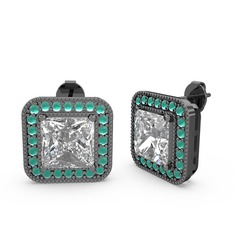 Esinti Kare Küpe - Swarovski ve kök zümrüt 925 ayar siyah rodyum kaplama gümüş küpe #mueaed