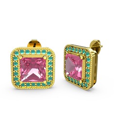 Esinti Kare Küpe - Pembe kuvars ve kök zümrüt 14 ayar altın küpe #mwx0i3