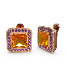 Esinti Kare Küpe - Sitrin ve ametist 14 ayar rose altın küpe #osehxz