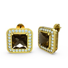 Esinti Kare Küpe - Dumanlı kuvars ve akuamarin 18 ayar altın küpe #oukiw0