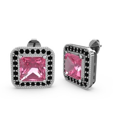 Pembe kuvars ve siyah zirkon 14 ayar beyaz altın küpe