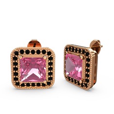 Pembe kuvars ve siyah zirkon 18 ayar rose altın küpe