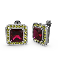 Esinti Kare Küpe - Rodolit garnet ve peridot 8 ayar beyaz altın küpe #q5tmar