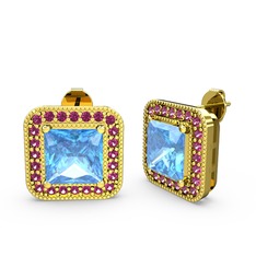 Esinti Kare Küpe - Akuamarin ve rodolit garnet 8 ayar altın küpe #s68718