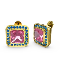 Pembe kuvars ve lab safir 8 ayar altın küpe