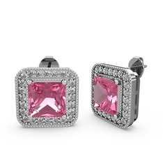 Pembe kuvars ve pırlanta 14 ayar beyaz altın küpe (0.528 karat)