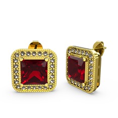Garnet ve dumanlı kuvars 18 ayar altın küpe