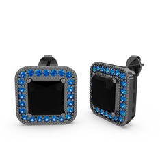 Esinti Kare Küpe - Siyah zirkon ve lab safir 925 ayar siyah rodyum kaplama gümüş küpe #xscmu