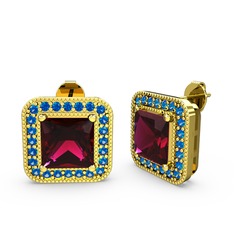 Rodolit garnet ve lab safir 18 ayar altın küpe