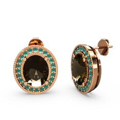 Dumanlı kuvars ve kök zümrüt 8 ayar rose altın küpe