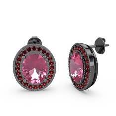 Esinti Oval Küpe - Pembe kuvars ve garnet 925 ayar siyah rodyum kaplama gümüş küpe #152fe6e