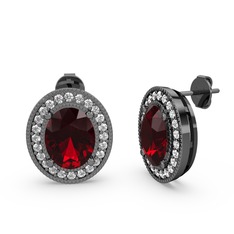 Esinti Oval Küpe - Garnet ve beyaz zirkon 925 ayar siyah rodyum kaplama gümüş küpe #1ba3669