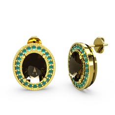 Esinti Oval Küpe - Dumanlı kuvars ve kök zümrüt 8 ayar altın küpe #1bjkt0v