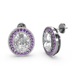 Esinti Oval Küpe - Beyaz zirkon ve ametist 8 ayar beyaz altın küpe #1cpphyx