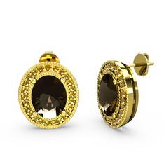 Esinti Oval Küpe - Dumanlı kuvars ve sitrin 18 ayar altın küpe #1h32hw