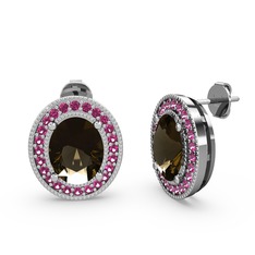 Dumanlı kuvars ve rodolit garnet 18 ayar beyaz altın küpe