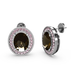 Esinti Oval Küpe - Dumanlı kuvars ve pembe kuvars 18 ayar beyaz altın küpe #1meg5kt