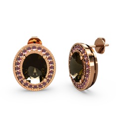 Esinti Oval Küpe - Dumanlı kuvars ve kök yakut 18 ayar rose altın küpe #1pnnsn7