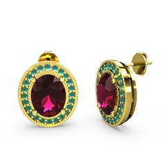 Esinti Oval Küpe - Rodolit garnet ve kök zümrüt 14 ayar altın küpe #1xrs433