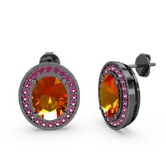 Sitrin ve rodolit garnet 925 ayar siyah rodyum kaplama gümüş küpe