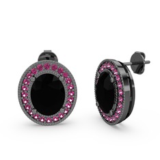 Esinti Oval Küpe - Siyah zirkon ve rodolit garnet 925 ayar siyah rodyum kaplama gümüş küpe #4849go