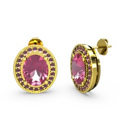 Esinti Oval Küpe - Pembe kuvars ve kök yakut 8 ayar altın küpe #6198j2