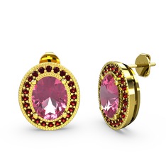 Pembe kuvars ve garnet 18 ayar altın küpe