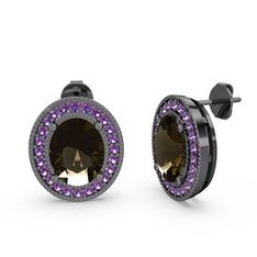 Esinti Oval Küpe - Dumanlı kuvars ve ametist 925 ayar siyah rodyum kaplama gümüş küpe #btllhj