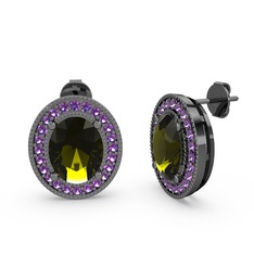 Esinti Oval Küpe - Peridot ve ametist 925 ayar siyah rodyum kaplama gümüş küpe #cahegj