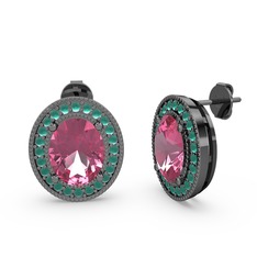 Pembe kuvars ve kök zümrüt 925 ayar siyah rodyum kaplama gümüş küpe