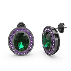 Esinti Oval Küpe - Yeşil kuvars ve ametist 925 ayar siyah rodyum kaplama gümüş küpe #m01zyv