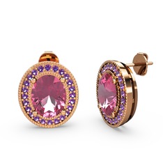 Esinti Oval Küpe - Pembe kuvars ve ametist 925 ayar rose altın kaplama gümüş küpe #p8x1bs