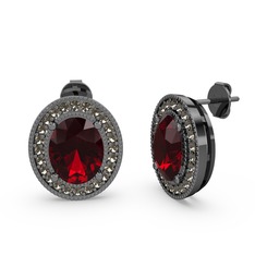 Esinti Oval Küpe - Garnet ve dumanlı kuvars 925 ayar siyah rodyum kaplama gümüş küpe #u3yuyc